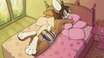 anthro bed biped brown_body brown_fur brown_hair butt carrot clothed clothing countershade_feet countershade_fur countershade_tail countershading feet food fur furniture hair male on_bed pillow plant scut_tail short_tail solo tail topless topless_anthro topless_male vegetable cuteconfy flip_bunny lagomorph leporid mammal rabbit 16:9 hi_res widescreen