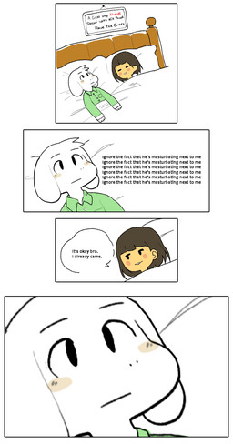 ambiguous_gender anthro bed blush brown_hair clothed clothing duo fur furniture hair humor long_ears lying male on_bed parody text white_body white_fur young young_ambiguous young_anthro young_human young_male inkerton-kun undertale undertale_(series) asriel_dreemurr frisk_(undertale) boss_monster_(undertale) bovid caprine goat human mammal 2015 comic english_text grandfathered_content hi_res