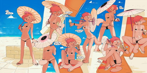 5_fingers 5_toes anthro anus areola areola_slip beach bikini biped black_bikini black_clothing black_eyebrows black_eyes black_fingernails black_footwear black_nails black_nose black_sandals black_swimwear black_text blue_sky blush blush_lines bodily_fluids bracelet butt clothed clothed_anthro clothed_female clothing cloud collarbone colored_nails day dessert dialogue ear_piercing exhibitionism eyebrows eyelashes fangs feet female fingernails fingers flashing flashing_pussy flip_flops food footwear fur genitals hair head_turned holding_food holding_ice_cream_cone holding_object holding_parasol humanoid_feet humanoid_hands ice_cream ice_cream_cone industrial_piercing ineffective_clothing inviting jewelry leaning leaning_forward linked_speech_bubble looking_at_viewer looking_back looking_down looking_down_at_self looking_up looking_up_at_viewer lying micro_bikini mouth_closed multicolored_clothing multicolored_footwear multicolored_sandals nails navel nervous nervous_sweat nipple_outline on_back one_shoe_on open_mouth orange_towel outside parasol piercing pink_anus pink_areola pink_body pink_eyes pink_fur pink_hair pink_tail pink_tongue plantigrade presenting public pussy_slip sand sandals sea shadow shoes short_hair sitting skimpy sky smile smirk speech_bubble spiked_bracelet spikes spread_legs spreading standing sunny suntan surprised sweat swimwear tail talking_to_another talking_to_self tan_line teeth text toes tongue tongue_out towel two-piece_swimsuit two_tone_clothing two_tone_footwear two_tone_sandals undersized_clothing vulva water white_clothing white_footwear white_sandals wide_eyed conditional_dnp funkybun canid canine canis domestic_dog mammal 2025 absurd_res english_text hi_res sequence signature