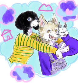 anthro black_body black_fur blue_eyes brown_body brown_eyes brown_fur claws clothed clothing duo female fur gesture hand_gesture hug kemono looking_at_viewer multicolored_body open_mouth overalls pattern_clothing pattern_shirt pattern_topwear pawpads pink_pawpads shirt simple_background smile striped_clothing striped_shirt striped_topwear stripes sweater tan_body tan_fur teeth topwear v_sign white_body white_fur kyokyota canid canine canis domestic_dog mammal wolf 2019 absurd_res hi_res