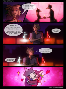 anthro clothing collared_shirt dialogue dress duo female heart_symbol humor inner_monologue kissing love male polo_shirt purple_eyes shirt text thinking topwear capt-tangerine beastars juno_(beastars) legoshi_(beastars) canid canine canis mammal wolf 3:4 absurd_res comic english_text hi_res meme