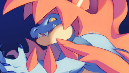 ambiguous_gender anthro blue_body claws fangs feral fin glowing glowing_eyes looking_at_viewer looking_back open_mouth solo spiked_arms spikes spikes_(anatomy) teeth yellow_eyes hclysword nintendo pokemon alligator alligatorid crocodilian feraligatr generation_2_pokemon generation_9_pokemon mega_evolution mega_feraligatr pokemon_(species) reptile scalie 7:4 absurd_res hi_res signature