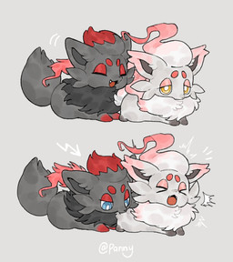 ambiguous_gender bite black_body black_ears black_fur black_nose black_tail blue_eyes cute_fangs duo fangs feral fur grey_body grey_ears grey_fur grey_nose head_tuft neck_tuft open_mouth red_body red_fur tail teeth tuft yellow_eyes pannypuppy nintendo pokemon generation_5_pokemon generation_8_pokemon hisuian_form hisuian_zorua pokemon_(species) regional_form_(pokemon) zorua 2026 hi_res
