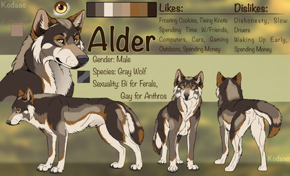 ambiguous_feral ambiguous_gender black_nose brown_body brown_ears brown_fur feral front_view fur looking_at_viewer mouth_closed orange_eyes rear_view side_view solo text white_body white_fur kodaac canid canine canis mammal wolf artist_name english_text hi_res male_(lore)