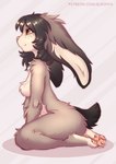 anthro black_hair breasts brown_body brown_fur chest_tuft ear_tuft elronya female fluffy freckles fur hair hi_res hip_tuft kneeling lagomorph leporid mammal medium_breasts orange_eyes pawpads rabbit ronya solo tuft