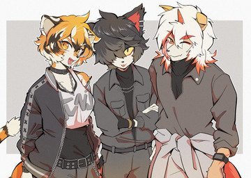 1_horn anthro belt biped blep buckle chain_necklace clock closed_smile clothed clothed_anthro clothed_female clothed_male clothing crossed_arms ear_piercing ear_ring female female_anthro floppy_ears folded_ears front_view fur geometric_background group hair hair_over_eye horn jacket jewelry male male_anthro mouth_closed necklace one_eye_closed open_mouth open_smile piercing ring_piercing simple_background smile standing tail tongue tongue_out topwear trio watch wristwatch yellow_sclera coldsyruup arknights hypergryph studio_montagne aak_(arknights) hung_(arknights) waai_fu_(arknights) canid canine canis domestic_dog felid mammal pantherine tiger 2025 digital_media_(artwork) hi_res