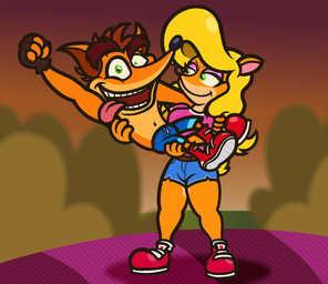 4_fingers aircraft airship anthro belt black_eyebrows black_nose blonde_hair blue_bottomwear blue_clothing blue_shorts bottomwear brown_belt brown_clothing brown_gloves brown_handwear brown_inner_ear brown_nose carrying_another carrying_partner closed_smile clothed clothed_anthro clothed_female clothed_male clothing cloud duo evening eyebrows eyelashes eyeshadow female female_anthro fingerless_gloves fingers fist footwear fully_clothed fully_clothed_anthro fully_clothed_female fur gloves hair half-closed_eyes hand_on_shoulder handwear larger_anthro larger_female light long_hair looking_at_another looking_at_partner looking_at_viewer makeup male male/female male_anthro mouth_closed multicolored_body multicolored_fur narrowed_eyes navel open_mouth open_smile outside pink_clothing pink_eyeshadow pink_inner_ear pink_shirt pink_t-shirt pink_tongue pink_topwear pockets red_clothing red_eyebrows red_footwear red_hair red_shoes red_sky shirt shirtless_anthro shirtless_male shoes short_hair shorts size_difference sky smaller_anthro smaller_male smile smiling_at_another smiling_at_partner smiling_at_viewer socks standing t-shirt tan_body tan_fur teeth thick_eyebrows tongue tongue_out topwear two_tone_body two_tone_fur vehicle white_clothing white_footwear white_socks captainquack64 activision crash_bandicoot_(series) crash_bandicoot tawna_bandicoot bandicoot mammal marsupial 2025 colored digital_drawing_(artwork) digital_media_(artwork) english_description hi_res lighting shaded simple_shading