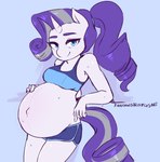 aged_up anthro anthrofied artist_name belly big_belly blue_eyes bodily_fluids bottomwear bra breasts clothed clothing equid equine female friendship_is_magic grey_highlights hair hand_on_belly hasbro hi_res highlights_(coloring) horn hotpants long_hair mammal mature_anthro mature_female midriff my_little_pony mythological_creature mythological_equine mythology ponytail portrait pregnant pregnant_anthro pregnant_female purple_hair rainbowsprinklesart rarity_(mlp) shorts solo sports_bra sweat three-quarter_portrait underwear unicorn white_body