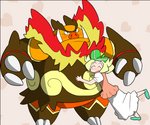 anthro belly biped blush clothed clothing duo hat headgear headwear heart_background heart_symbol hug kemono orange_body overweight simple_background 00murice nintendo pokemon bianca_(pokemon) emboar generation_5_pokemon human mammal pokemon_(species) 2013 6:5