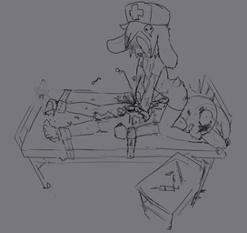 anthro anthro_on_anthro clothed clothing crossdressing death duo femboy genitals gore humanoid_genitalia humanoid_penis male male/male open_mouth open_smile penis smile surgical_operation bravobunny bravo_(bravobunny) lagomorph leporid mammal rabbit greyscale monochrome sketch unfinished