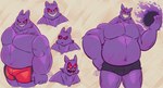 absurd_res anthro belly big_belly black_clothing black_underwear clothed clothing facial_tuft generation_1_pokemon gengar ghost hi_res jasperthecrab male muscular muscular_male nintendo pokemon pokemon_(species) pupils purple_body red_clothing red_eyes red_underwear sharp_teeth slit_pupils small_head solo spirit teeth tiny_head tuft underwear underwear_only