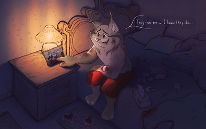 abuse anthro bed bedding blanket blood bodily_fluids bottomwear clothed clothing crying detailed_background dialogue domestic_abuse domestic_violence family_photo family_portrait female fur furniture grey_body grey_fur group implied_abuse lamp male nightstand on_bed pillow shorts sitting sitting_on_bed smile speech_bubble tears text tissue topless topless_anthro topless_male white_text wounded rigskoza disney zootopia cattrick_lynxley kitty_lynxley milton_lynxley pawbert_lynxley canada_lynx felid feline lynx mammal 16:10 english_text hi_res widescreen