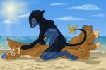 animal_genitalia anthro backrub balls beach cloud detailed_background duo eyes_closed fully_sheathed genitals male multi_tail nude outside pokemorph red_sclera sand seaside sheath sky smile tail yellow_eyes kitsune_nyx nintendo pokemon felid floatzel generation_4_pokemon luxray mammal pokemon_(species) 2010 3:2