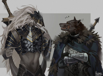 anthro armor biped black_body black_fur breastplate claws clothing duo finger_claws fur gauntlets gloves grey_background grey_body grey_fur hair handwear headgear helmet male simple_background spaulder weapon white_background white_body white_fur white_hair yenyenyen19 elden_ring fromsoftware blaidd_(elden_ring) maliketh_(elden_ring) canid canine canis mammal wolf 2022 absurd_res digital_media_(artwork) hi_res