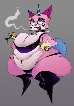 1_horn anthro big_breasts big_butt blue_eyes blue_horn blue_tail bodypaint bra breasts butt cigarette cigarette_smoke clothing collar ear_piercing eyelashes face_paint female fur grey_background half-closed_eyes hand_on_hip hand_on_own_hip heart_symbol holding_cigarette holding_object horn huge_butt legwear mismatched_ears multicolored_body multicolored_fur narrowed_eyes obese obese_anthro obese_female overweight overweight_anthro overweight_female piercing pink_body pink_ears pink_fur pink_nose pose purple_bra purple_clothing purple_collar purple_ears purple_legwear purple_thigh_highs purple_thong purple_topwear purple_underwear simple_background smile smoke smoking smoking_cigarette solo spiked_collar spikes standing tail thick_thighs thigh_highs thong three-quarter_view tongue tongue_piercing topwear underwear yellow_body yellow_fur nitarustarium cartoon_network lego mythology the_lego_movie unikitty! unikitty domestic_cat equid equine felid feline felis hybrid mammal mythological_creature mythological_equine unicorn 2024 digital_media_(artwork)