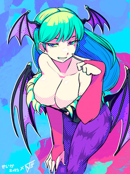 bare_shoulders big_breasts breasts cleavage clothed clothed_female clothed_humanoid clothing collarbone female glistening glistening_breasts green_hair hair half-closed_eyes head_wings leaning leaning_forward looking_at_viewer membrane_(anatomy) membranous_wings narrowed_eyes not_furry solo unusual_wing_placement wings dteedraws scytherush capcom darkstalkers morrigan_aensland demon demon_humanoid humanoid succubus winged_humanoid 2023 dated digital_drawing_(artwork) digital_media_(artwork) english_description hi_res portrait signature three-quarter_portrait