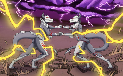anthro arm_blade arm_spikes battle blade broad_shoulders claws clone corruption cracked_ground destruction duo electricity fight giant_monster horn jagged_beak lightning machine macro male muscular muscular_male purple_cloud red_eyes red_visor spikes spikes_(anatomy) struggling warrior thelastfirst mythology ultraman_(series) ultra_draconis celestial_being celestial_dragon dragon kaiju mythological_creature mythological_scalie robot scalie hi_res
