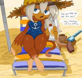 anthro beach beach_chair blue_eyes brown_body brown_fur camel_toe clothing female fur gun hair handgun hat headgear headwear looking_at_viewer one-piece_swimsuit ranged_weapon revolver seaside solo speech_bubble straw_hat sunscreen swimwear text under_shade weapon white_hair goatboydraws bloons_tower_defense ninja_kiwi admiral_brickell haplorhine mammal monkey primate absurd_res english_text hi_res