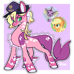 ambiguous_feral ambiguous_gender blonde_hair border clothing feral freckled_face freckles fusion green_eyes grin hair hat headgear headwear hooves leg_markings logo long_hair looking_back markings membrane_(anatomy) pink_body pink_membrane purple_background purple_clothing purple_hat purple_headwear purple_tail quadruped simple_background smile standing tail teeth three-quarter_view white_border white_hooves white_inner_ear white_markings 3ggmilky friendship_is_magic hasbro my_little_pony nintendo pokemon applejack_(mlp) eeveelution equid equine generation_1_pokemon mammal pokemon_(species) vaporeon 1:1 2026 artist_logo crossover digital_drawing_(artwork) digital_media_(artwork) flat_colors full-length_portrait hi_res portrait reference_image