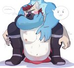 >:3 anthro belly blue_body blue_fur bulge canid canine canis domestic_dog duo fur hair humiliation male male/male mammal merfiller nipples pec_grab pecs pinned red_hair sleeper_hold slightly_chubby wrestling wrestling_clothing