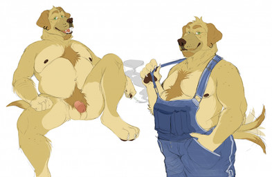 anthro balls chest_tuft cigarette clothed clothed_anthro clothed_male clothing countershade_balls countershade_crotch countershade_feet countershade_genitalia countershade_hands countershade_torso countershading ear_piercing ear_ring facial_hair feet flaccid genitals glans goatee humanoid_genitalia humanoid_penis looking_at_viewer male male_anthro nipples nude nude_anthro nude_male overalls overalls_only overweight overweight_anthro overweight_male penis piercing pubes ring_piercing sitting smile smoking smoking_cigarette solo tail tail_motion tailwag tuft chubchow moonshine_(chubchow) bird_dog canid canine canis domestic_dog hunting_dog labrador mammal retriever 2020 hi_res