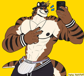 abs anthro armpit_hair backwards_hat barazoku biceps biped black_nipples body_hair bulge clothing detailed_bulge electronics hat headgear headwear jewelry jock jockstrap male male_anthro muscular muscular_male navel necklace nipples pecs phone simple_background solo standing stripes tail underwear yellow_background teamkraiton kyo_(kiasano) mammal mustelid otter absurd_res hi_res