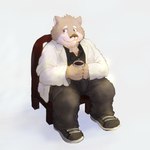 anthro beverage brown_body brown_fur coffee coffee_cup container cup fur male simple_background sitting smile solo white_background jujinnninaritai lifewonders tokyo_afterschool_summoners jambavan_(tas) bear mammal 1:1 hi_res