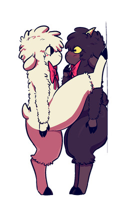 2_horns anthro big_butt black_body black_eyes black_fur black_hooves blush bow_only butt digitigrade duo eye_contact fingers fur grey_body grey_fur hair hooved_fingers hooves horizontal_pupils horn kabedon looking_at_another male on_one_leg pupils raised_hand raised_leg red_bow side_view simple_background standing tan_horn thick_thighs white_background white_body white_fur white_hair wool_(fur) yellow_sclera astonarts nil_(astonarts) null_(astonarts) bovid caprine goat mammal sheep hi_res