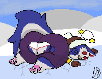 anthro big_butt big_tail butt clothing cracked_ground dizzy fell_down hat headgear headwear lying male on_front on_ground pawpads paws snow solo star tail tightey_whities torn_clothing underwear wardrobe_malfunction domiel league_of_legends riot_games tencent gnar_(lol) snow_day_gnar yordle hi_res