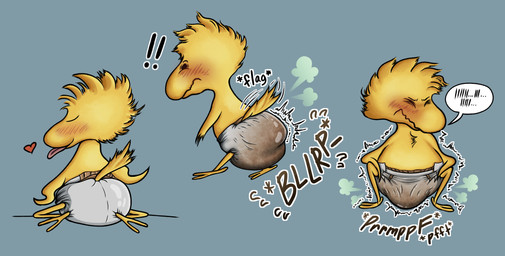 anthro blep blush bodily_noises butt clean_diaper clothed clothing crouching diaper diaper_only fart fart_cloud feces front_view male pooping presenting presenting_hindquarters rear_view soiled_diaper soiling soiling_diaper solo surprised tongue tongue_out topless unclean_diaper used_diaper using_diaper wearing_diaper atotom912 peanuts_(comic) woodstock_(peanuts) avian bird absurd_res hi_res multiple_images