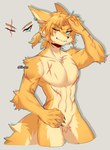 alternate_species anthro blonde_hair blue_eyes claws featureless_crotch fur furrification hair male navel one_eye_closed ponytail simple_background smile solo white_body white_fur yellow_body yellow_fur altern015 nintendo ocarina_of_time the_legend_of_zelda link canid canine canis mammal wolf 2023 absurd_res hi_res signature