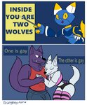 2_panel_comic 4_fingers absolute_territory ambiguous_gender anthro athletic athletic_anthro athletic_male bedroom_eyes biped blue_body bulge chest_tuft clothing femboy fingers floating_ears floating_tail fur group hand_holding hug humor leg_warmers legwear looking_at_another looking_at_partner looking_at_viewer machine male male/male mascot muscular muscular_male narrowed_eyes pattern_clothing pattern_legwear pattern_thigh_highs pink_clothing pink_legwear pink_thigh_highs pink_topwear purple_body purple_fur seductive shirt smile standing stated_homosexuality stated_sexuality striped_clothing striped_legwear striped_thigh_highs stripes tank_top teaching teeth text thigh_highs topwear tuft two_panel_image underwear yellow_body yellow_sclera sinsxie e621 inside_you_there_are_two_wolves esix canid canine canis felid feline mammal robot wolf 2020 absurd_res comic digital_media_(artwork) english_text hi_res lol_comments meme watermark