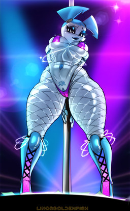 bikini blue_vulva blush breast_squish breasts camel_toe clothing female fishnet_clothing fishnet_legwear genitals hands_behind_back legwear looking_at_viewer low-angle_view machine not_furry pole smile solo squish stripper_pole swimwear two-piece_swimsuit vulva womb_tattoo linorgoldenfish my_life_as_a_teenage_robot nickelodeon jenny_wakeman humanoid robot robot_humanoid absurd_res hi_res