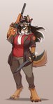 absurd_res anthro auveiss big_breasts breasts canid canine canis clock clothing digital_media_(artwork) domestic_dog eyewear female glasses gloves gun hair handwear hat headgear headwear hi_res huge_breasts long_hair machete mammal melee_weapon ranged_weapon rifle shawl sniper_(team_fortress_2) sniper_rifle solo tail team_fortress_2 teeth valve watch weapon