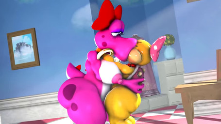 accessory anthro big_breasts big_butt bow_ribbon breasts butt claws duo eye_contact face_lick female hair_accessory hair_bow hair_ribbon kissing larger_female licking lifting_partner lips looking_at_another making_out ribbons ring_(jewelry) size_difference smaller_female tail tail_motion tailwag thick_lips thick_thighs tongue thatknowndude mario_bros nintendo birdo_(character) koopaling wendy_o._koopa birdo dragon_koopa koopa pink_birdo scalie 16:9 3d_(artwork) 3d_animation animated digital_media_(artwork) no_sound short_playtime webm widescreen