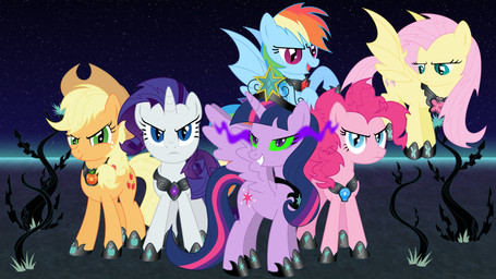 alternate_species armor bat_wings blue_body blue_fur clothing corruption cowboy_hat elements_of_harmony feathered_wings feathers female fur group hair hat headgear headwear horn membrane_(anatomy) membranous_wings multicolored_hair purple_body purple_feathers purple_fur purple_hair rainbow_hair smile two_tone_hair wings dashiemlpfim friendship_is_magic hasbro idw_publishing my_little_pony my_little_pony_(idw) mythology applejack_(mlp) flutterbat_(mlp) fluttershy_(mlp) mane_six_(mlp) pinkie_pie_(mlp) rainbow_bite rainbow_dash_(mlp) rarity_(mlp) twilight_sparkle_(mlp) bat_pony earth_pony equid equine horse hybrid mammal mythological_creature mythological_equine pony unicorn winged_unicorn 16:9 digital_media_(artwork) hi_res widescreen