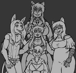 anthro big_breasts breasts clothed clothing eyewear female glasses group hair male open_mouth simple_background smile queenkami kami_(queenkami) miasma_velenosa_(miasmium) nyla_(whitekitteh) skigress_(skigress) zero_(kokkinos) canid canine cougar domestic_cat felid feline felis fox hybrid liaxhog lion mammal mephitid pantherine prehistoric_species saber-toothed_tiger skunk tiger absurd_res digital_media_(artwork) hi_res monochrome