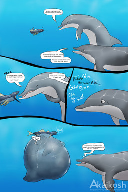 ambiguous_gender belly big_belly black_body black_eyes blue_background dialogue dorsal_fin eyes_closed feral fin grey_body grey_fin group huge_belly large_prey oral_vore simple_background size_difference smaller_pred speech_bubble talking_feral text trio underwater vore water white_fin akaikosh aquatic black_swallower bottlenose_dolphin cetacean dolphin mammal oceanic_dolphin toothed_whale 2024 2:3 comic english_text hi_res