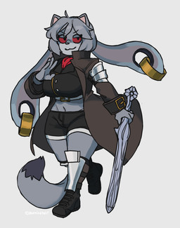 anthro belt bottomwear button_(fastener) clothing coat ear_piercing ear_ring female floppy_ears footwear fur gauged_ear gold_(metal) gold_ear_ring grey_body grey_fur grey_hair hair leg_guards long_tail lop_ears melee_weapon midriff piercing red_sclera ring_piercing shoes shorts solo sword tail topwear weapon murninatair bungie destiny_(series) destiny_2 jund_(smugjund) canid canine canis hybrid lagomorph leporid mammal rabbit wolf hi_res