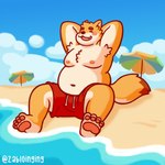 anthro armpit_hair beach belly body_hair clothing eyes_closed feet hands_behind_head male moobs open_mouth overweight overweight_male paws shirtless sitting solo swimwear zabloinging canid canine canis domestic_dog mammal 1:1 hi_res