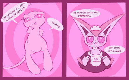 ambiguous_gender blush chibi clothing dialogue diaper duo female feral hypnosis maid_headdress maid_uniform mind_control pink_eyes spiral spiral_eyes talking_to_another text uniform clockstops3am conditional_dnp nintendo pokemon generation_1_pokemon generation_5_pokemon legendary_pokemon mew_(pokemon) pokemon_(species) victini english_text hi_res pink_theme