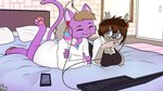 4_toes anthro barefoot bed bedroom brown_body brown_fur brown_hair claws clothed clothing computer detailed_background duo earbuds electronics eyewear feet female female/female fur furniture glasses hair headphones laptop lgbt_pride oversized_clothing oversized_shirt oversized_topwear pawpads paws phone pink_pawpads pride_colors purple_body purple_eyes purple_fur relaxing shirt smile soles tail toes topwear transgender_pride_colors window almy cupcakecat_(character) roxie_martindale_(fluffyakuma) canid canine canis domestic_cat felid feline felis mammal wolf absurd_res hi_res