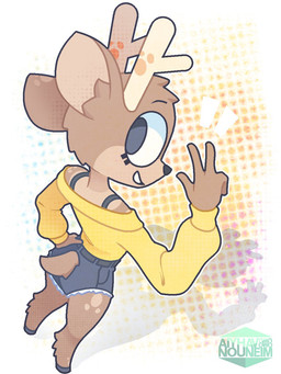 4_fingers abstract_background anthro antlers black_nose bottomwear bra_strap brown_body brown_fur clothed clothed_anthro clothed_male clothing eyelashes femboy fingers fur gesture green_text grey_bottomwear grey_clothing grey_eyes grey_hooves grey_shorts hand_gesture hand_on_hip high-angle_view hooves horn hotpants logo looking_back male short_tail shorts smile solo spots standing sweater tail tan_body tan_fur text topwear yellow_clothing yellow_sweater yellow_topwear aiyhav_nouneim oakley_(aiyhav_nouneim) deer mammal 2026 3:4 artist_logo artist_name hi_res