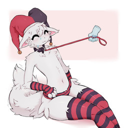 anthro blush blush_lines bodily_fluids clothing collar femboy fool's_hat fur hands_on_legs hat headgear headwear leash leash_pull leashed_collar legwear looking_at_another male simple_background sitting stockings sweat sweatdrop underwear white_background white_body white_fur bezimotodol canid canine mammal 1:1 absurd_res hi_res