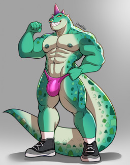 abs anthro areola barazoku barbell_piercing bedroom_eyes biceps big_bulge biped brown_eyes bulge calf_muscles clothed clothing deltoids facial_piercing fingers fist flexing flexing_bicep footwear forearm_muscles green_body grey_background hand_on_hip humanoid_hands long_tail male markings muscular muscular_anthro muscular_arms muscular_legs muscular_male narrowed_eyes naughty_face navel neck_ring nipple_barbell nipple_dip nipple_piercing nipples non-mammal_navel non-mammal_nipples nose_piercing nose_ring open_mouth pecs piercing pink_clothing pink_thong pink_underwear pose quads ring_piercing scales seductive serratus shadow sharp_teeth shoes simple_background skimpy smile socks solo spots spotted_markings standing tail tan_body teeth text thong topless topless_anthro topless_male trapezius triceps underwear yellow_sclera darolion goat_(movie) sony_corporation sony_pictures modo_olachenko komodo_dragon lizard monitor_lizard reptile scalie 2026 artist_name colored full-length_portrait hi_res portrait shaded