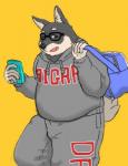 anthro bottomwear clothing electronics eyewear glasses hoodie humanoid_hands kemono male one_eye_closed overweight overweight_anthro overweight_male pants phone simple_background solo topwear wink rentcg canid canine canis domestic_dog mammal 2016