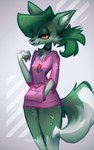 :3 anthro clothing female fur green_body green_fur heart_symbol hoodie lidded_eyes looking_at_viewer simple_background solo topwear yellow_eyes naircat gamecade_(ncs) playstation sony_corporation sony_interactive_entertainment nance_(ncs) canid canine canis mammal wolf 5:8 absurd_res hi_res