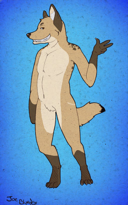 amputee anthro blue_background brown_body brown_fur disability fur happy male nude scar simple_background smile solo tan_body tan_fur joe_bluedox tyr canid canine canis coyote mammal 5:8 hi_res