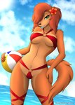 anthro ball beach beach_ball bedroom_eyes bikini breasts brown_body brown_fur brown_hair candid clothed clothing female flower fluffy fur green_eyes hair inflatable legwear light looking_at_viewer narrowed_eyes outside plant sea seductive skimpy smile solo sunlight swimwear tail two-piece_swimsuit under_boob water diamondstorm all_dogs_go_to_heaven don_bluth sasha_la_fleur bird_dog canid canine canis domestic_dog hunting_dog irish_setter mammal setter hi_res