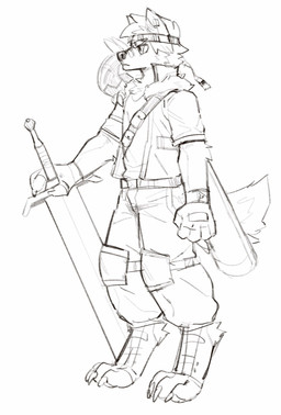 accessory anthro belt bottomwear cheek_tuft claws clothed clothing facial_tuft hair headband holding_melee_weapon holding_object holding_sword holding_weapon jacket male melee_weapon mouth_closed narrowed_eyes pants short_hair simple_background solo standing sword three-quarter_view topwear tuft unsigned weapon asnnonaka canid mammal full-length_portrait hi_res monochrome portrait sketch